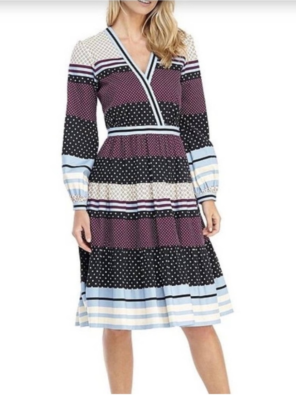 Gal Meets Glam Mixed Print Cotton Blend Long Sleeve V Neck Dakota Dress Sz. 6